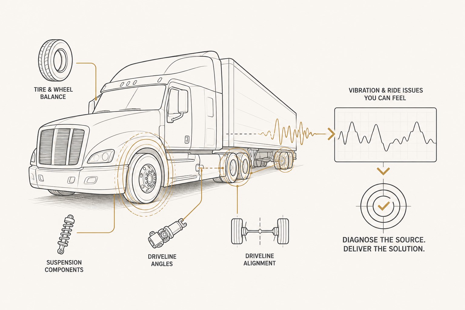 Diagram illustrating heavy-duty truck ride and vibration diagnostics, covering tire and wheel balance, suspension components, driveline angles, and driveline alignment
